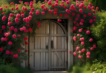 secret garden gate covered in roses, generative AI