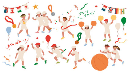 運動会、家族でお弁当を食べるイラスト、白の体操着を着た子どもの競技などの手描きイラスト素材セット