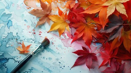 Leaves featuring various colors, with a brush nearby.