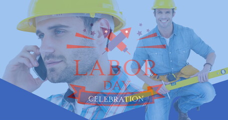 Image of labor day text over happy caucasian male workers and tools