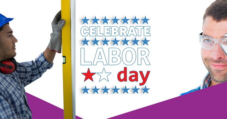 Image of labor day text over happy caucasian male workers with tools