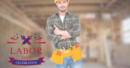 Image of labor day text over happy caucasian male worker with tools