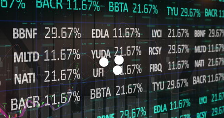 Image of white spots and stock market over finacial data processing