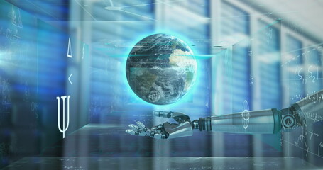 Image of robotic arm with globe over mathematical equations and server room