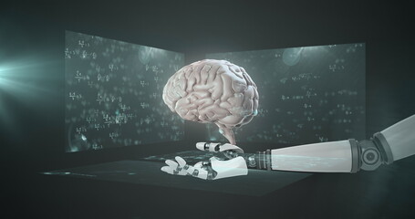 Image of robotic arm with brain over mathematical equations