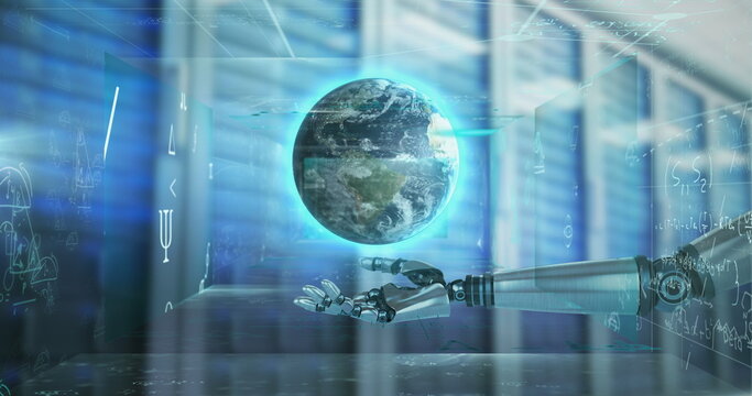 Image of robotic arm with globe over mathematical equations and server room