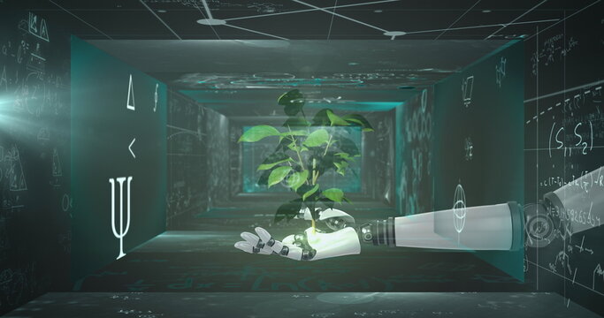 Image of robotic arm with plant over mathematical equations - Powered by Adobe