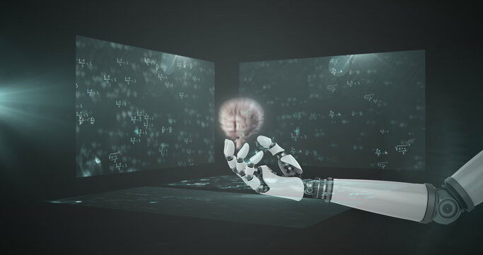 Image of robotic arm with brain over mathematical equations