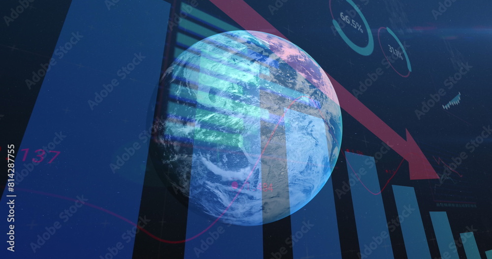 Poster a digital globe showing weather patterns floats before a data-rich screen