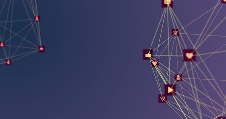 Image of network of connections with icons over violet background