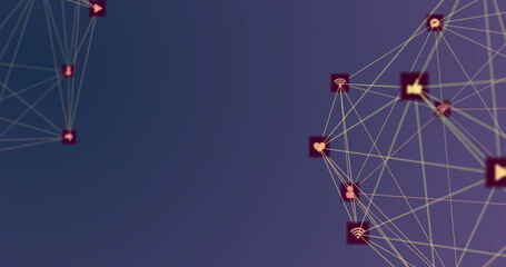 Image of network of connections with icons over violet background