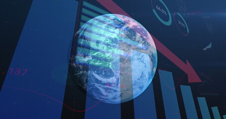Obraz premium A digital globe showing weather patterns floats before a data-rich screen