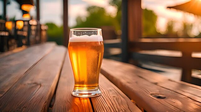 bi&egrave;re sur une table en bois dans un bar d'&eacute;t&eacute;