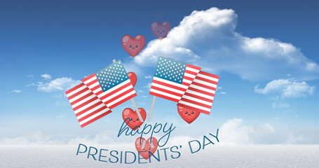 Image of hearts , flags of usa and happy presidents day over sky