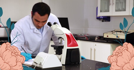 Image of scientific data processing over male caucasian scientist using microscope in laboratory
