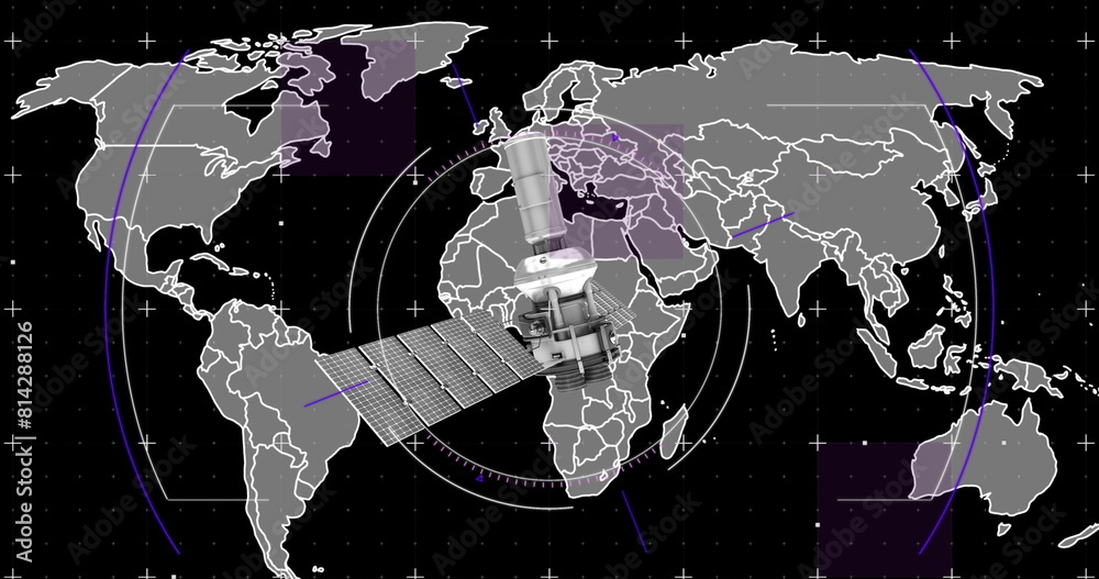 Wall mural image of satellite over world map and scope scanning on black background