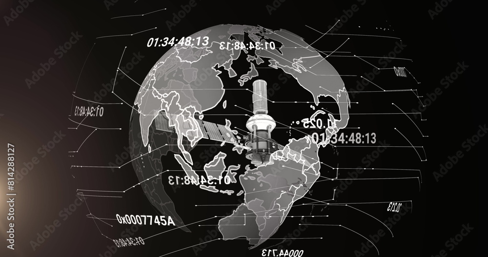 Wall mural image of satellite over globe and numbers processing on black background