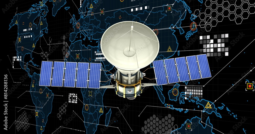 Wall mural image of satellite over globe and data processing on black background