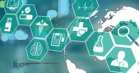 Image of hexagons with medical icons over globe on green background