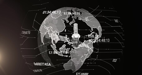 Image of satellite over globe and numbers processing on black background