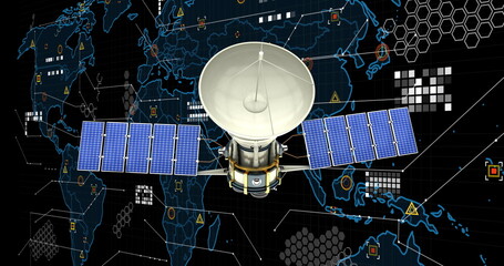 Image of satellite over globe and data processing on black background