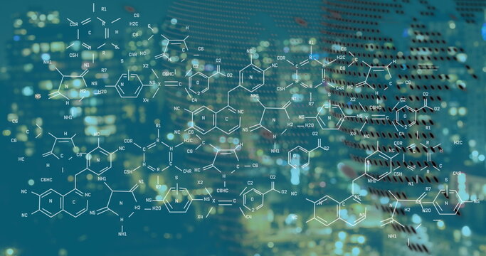 Image of chemical formula over cityscape