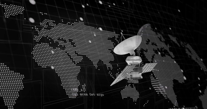 Image of satellite over globe and numbers processing on screens over black background