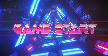 Image of game start text banner over neon blue tunnel in seamless pattern on black background