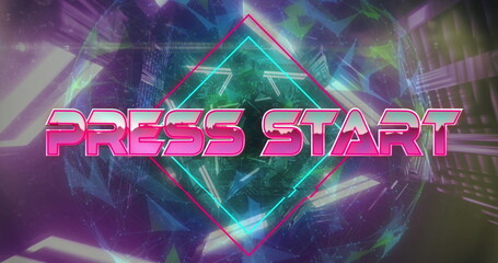 Game start text over neon banner against hands neon cityscape on pink background