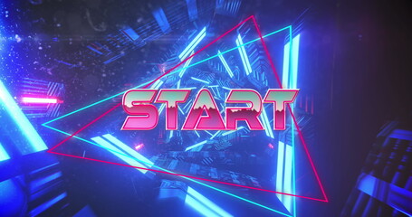 Image of start text banner over neon blue tunnel in seamless pattern against black background