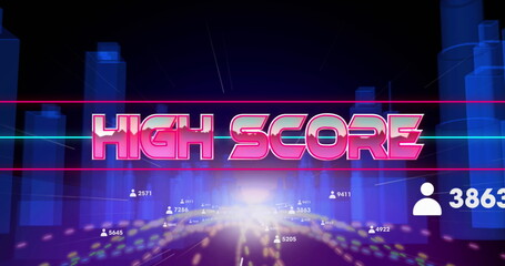 Image of high score text banner and profile icons over light trails against 3d city model