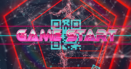 Image of game start text banner over hexagonal tunnel in seamless pattern on black background