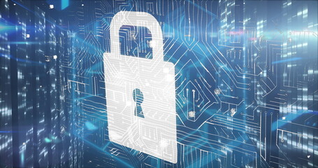 Image of data processing and shapes on blue background