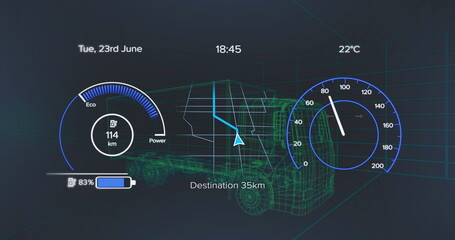 Green background displaying electric vehicle's status, including speed and battery