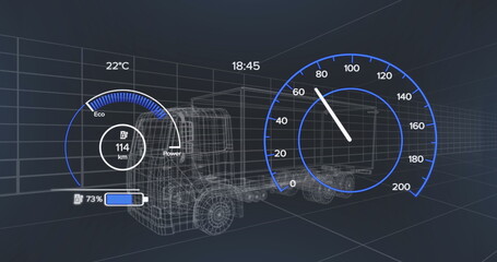 Fototapeta premium Image of 3d car model and speedometer over dark background