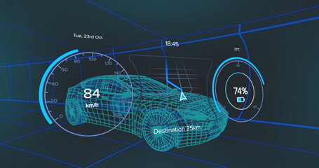 Fototapeta premium Blue holographic display showing digital car model, speed, and battery status
