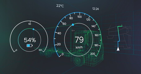 Fototapeta premium Three digital gauges are displaying various vehicle metrics