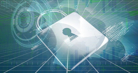 Image of data processing over padlock icon and scope scannig on blue background