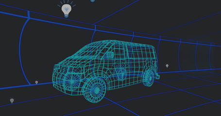 Fototapeta premium Image of falling icons over 3d car model over grid on black background