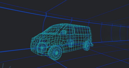 Naklejka premium Image of falling icons over 3d car model over grid on black background