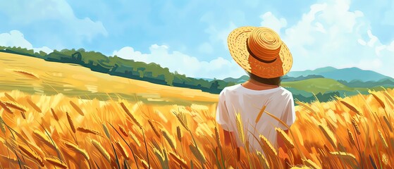 A young farmer wearing a straw hat stands in a sunflower field field, overlooking a green landscape with mountains and a blue sky in a rural area. An illustration of a young female farmer working on t