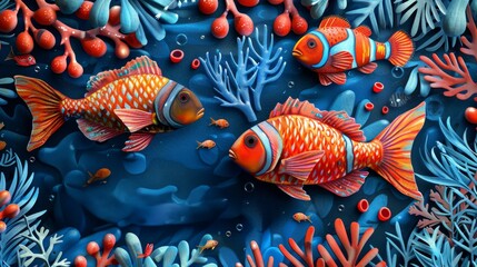 Fototapeta premium Three orange fish swimming in a blue ocean