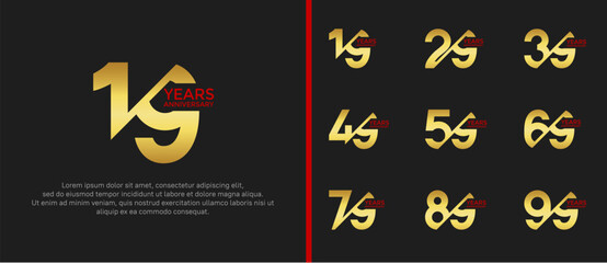 anniversary logo style set, gold and red color with slash can be use for celebration moment