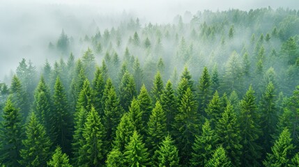 Misty Pine Forest Aerial: Foggy Nature Background