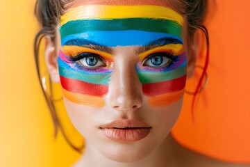 Close-up portrait of a beautiful woman with colorful paint Pride flags on her face, rainbow colors, creative makeup in the style of artistic fashion photography with studio lighting and a colorful bac