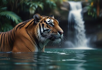 tiger swimming in a tropical waterfall,  generative AI