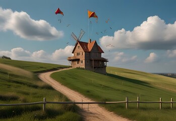 windmill house on a hill with flying kites, generative AI