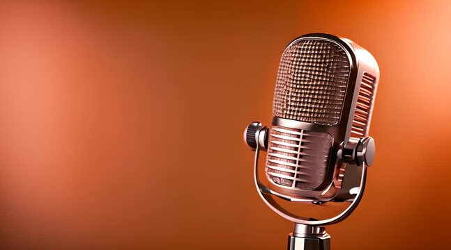 microphone de style vintage chrom&eacute; pos&eacute; sur un pied dans un fond color&eacute; uni orange