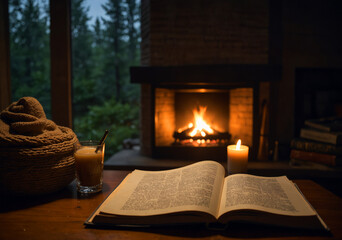 The atmosphere of a reading table with an open book and a fireplace in the background when it is...