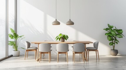 Fototapeta premium Modern dining room interior with a wooden table, gray chairs, and a pendant lamp. gray and white background, minimalist concept. 3D Rendering